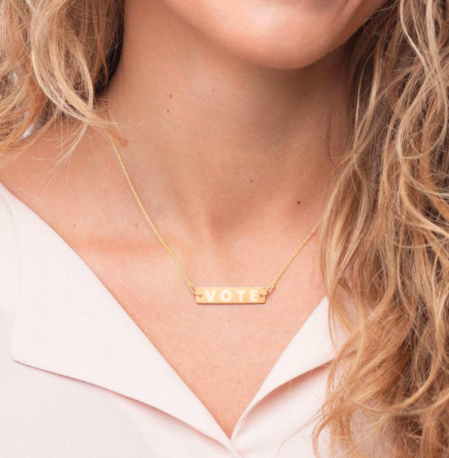 Engraved Gold Vote Necklace, $32