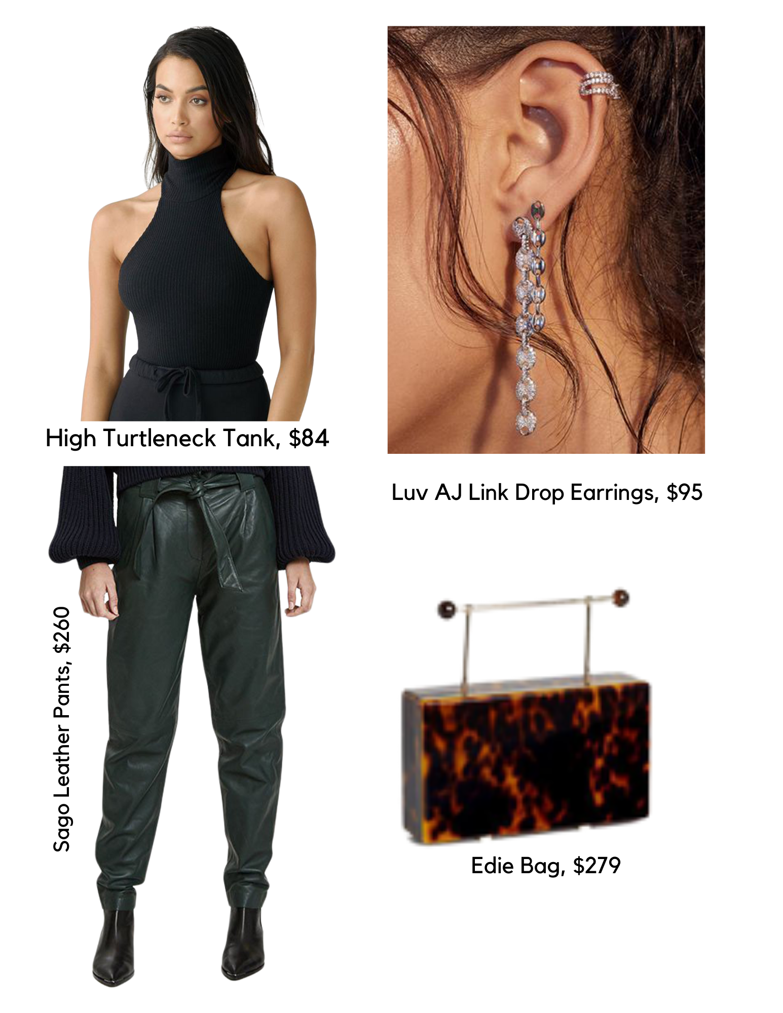 SHOP THE LOOK: High Turtleneck Tank, $84 / Luv AJ Link Drop Earrings, $95 / Sago Leather Pants $260 / Edie Bag, $279