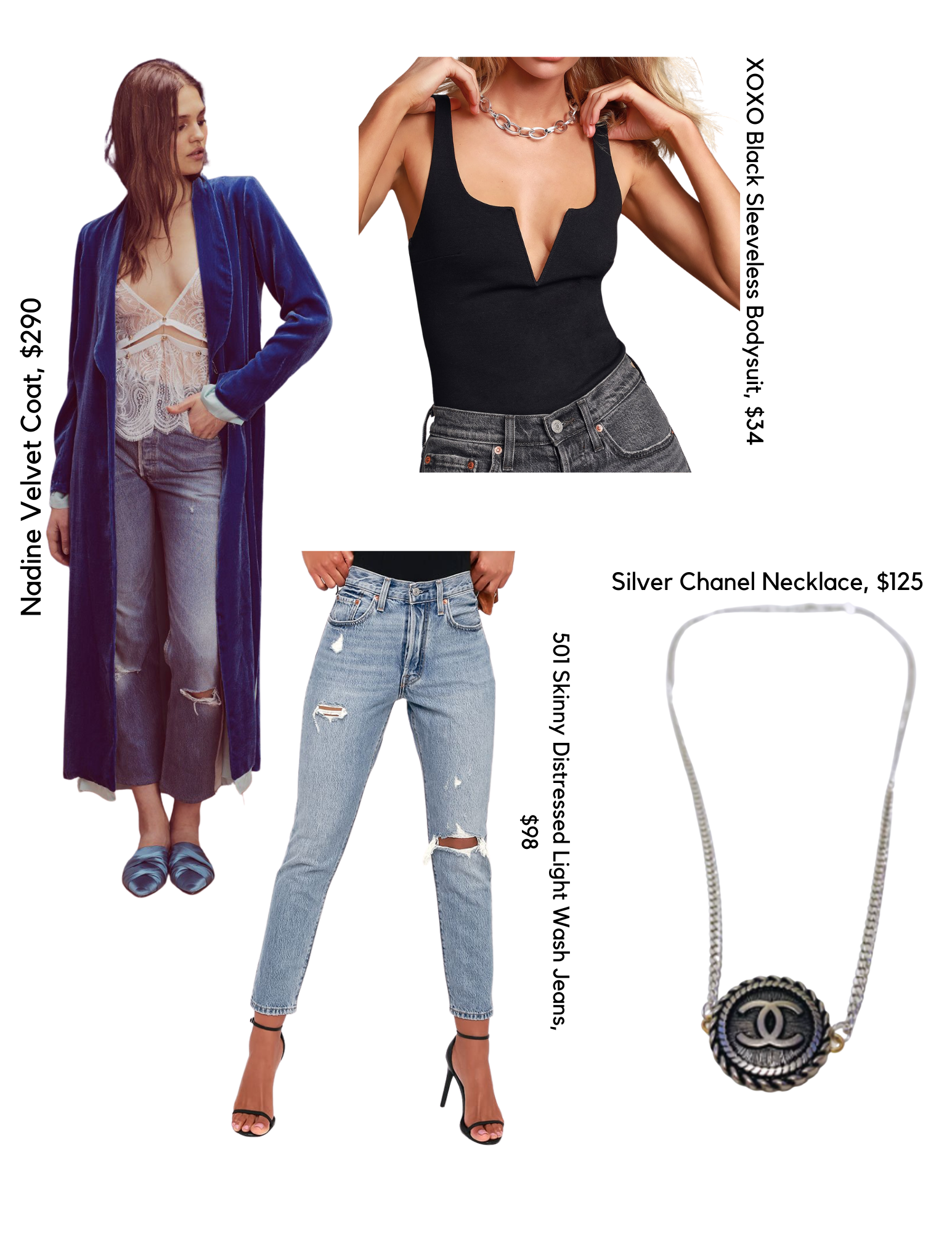 SHOP THE LOOK: Nadine Velvet Coat, $290 / Black Bodysuit, $34 / Jeans, $98 / Chanel Necklace, $125