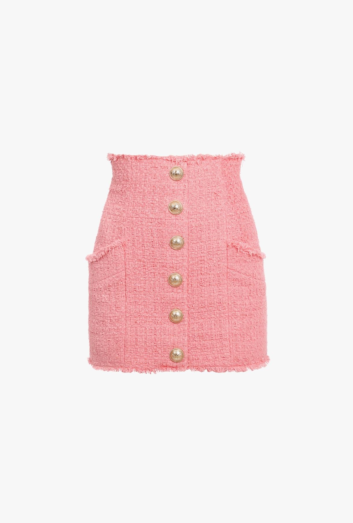 Short pink tweed high-waisted skirt