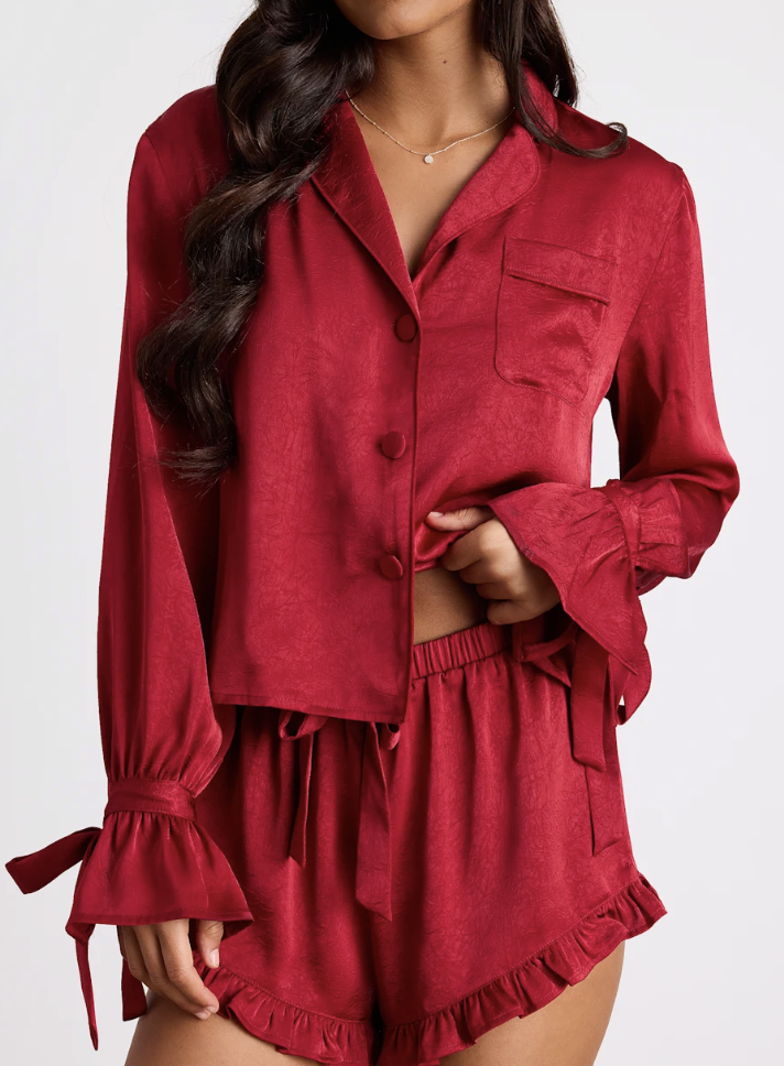 Kelda Dark Red Satin Ruffled Two-Piece Pajama Set
