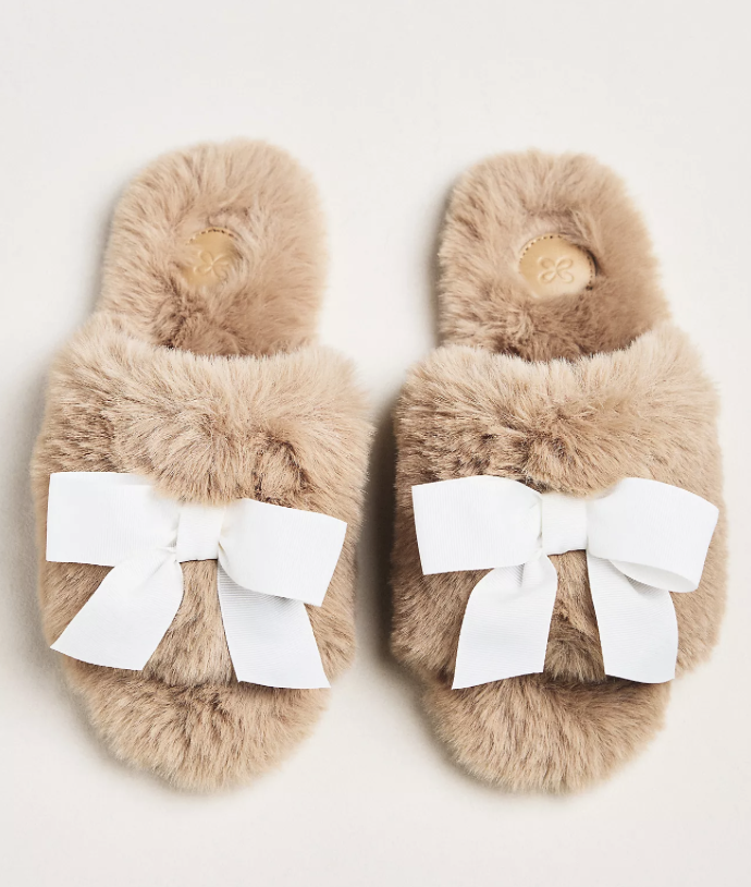 Faux Fur Open-Toe Bow Slippers