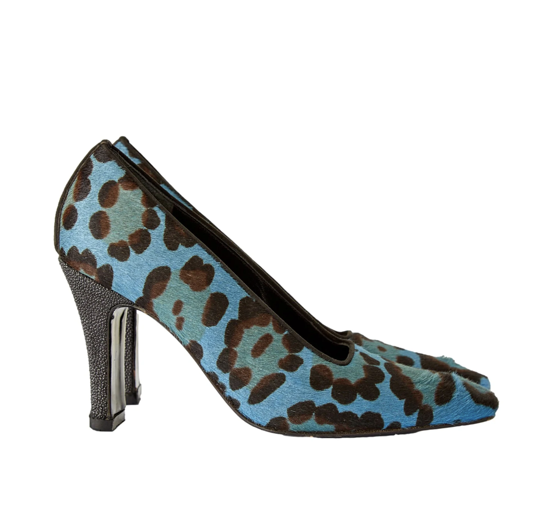 Fendi Blue Cheetah Calf Hair Heels