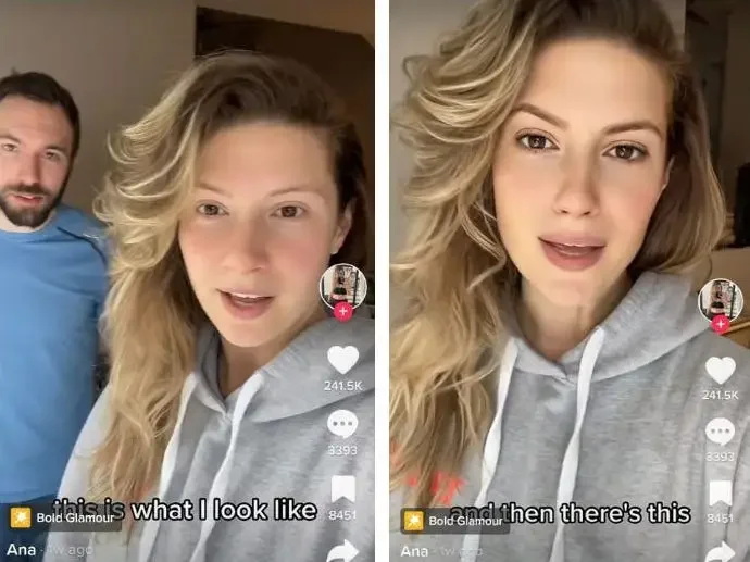 Side-by-side TikTok screenshots of a girl in a gray hoodie, showing her face without and with the Bold Glamour beauty filter.