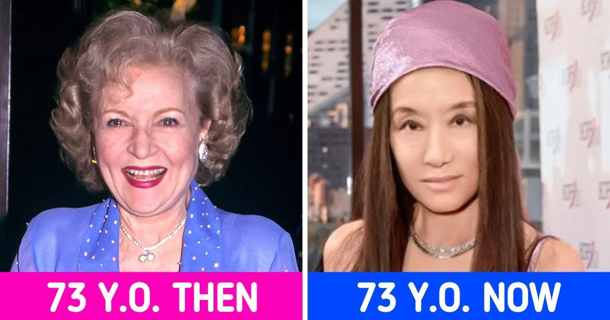 Two contrasting portraits appear side by side, labeled “73 Y.O. THEN” in pink and “73 Y.O. NOW” in blue.