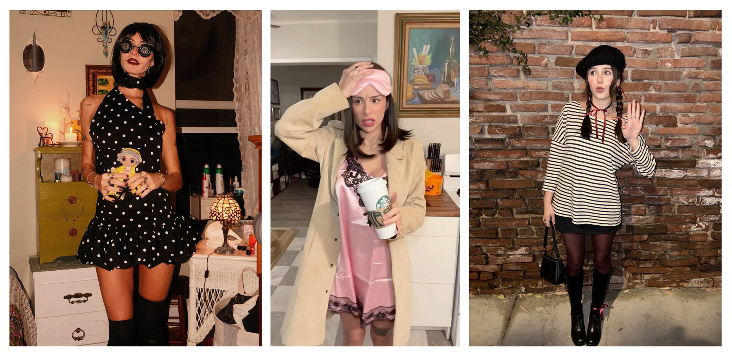 Three-photo collage showing girls dressed as the Other Mother in black polka dots and button glasses, Jenna Rink in a pink slip and trench coat, and a mime in stripes and a black beret.