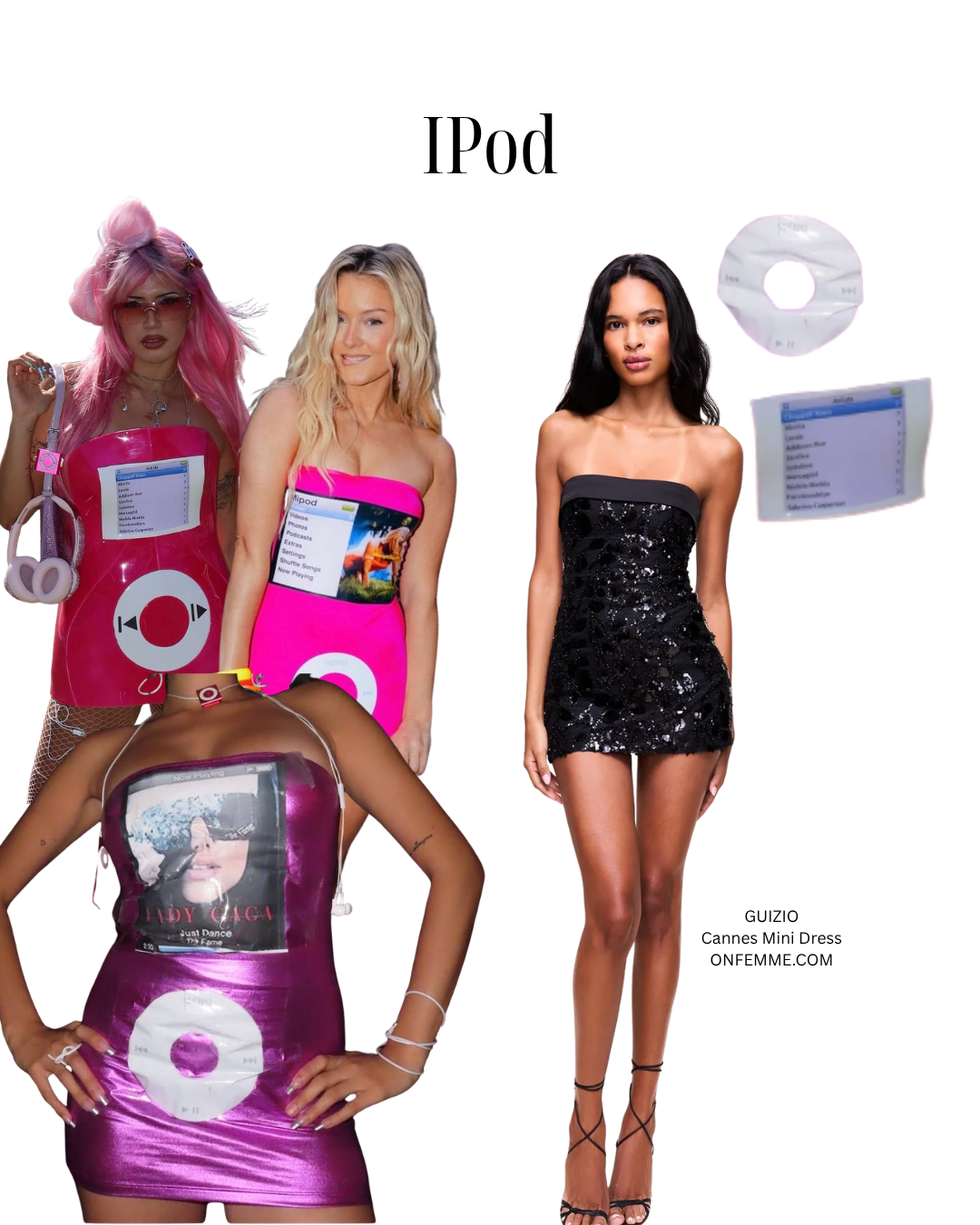 Collage of pink and purple iPod-inspired costumes alongside a black sequined Guizio Cannes Mini Dress and separate iPod screen and click-wheel cutouts.