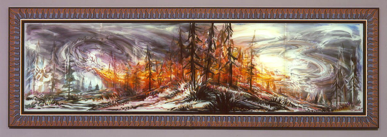 Double Dragon Fire , 2004 Silk dye, acrylic, metallic textile paint 55" x 168"