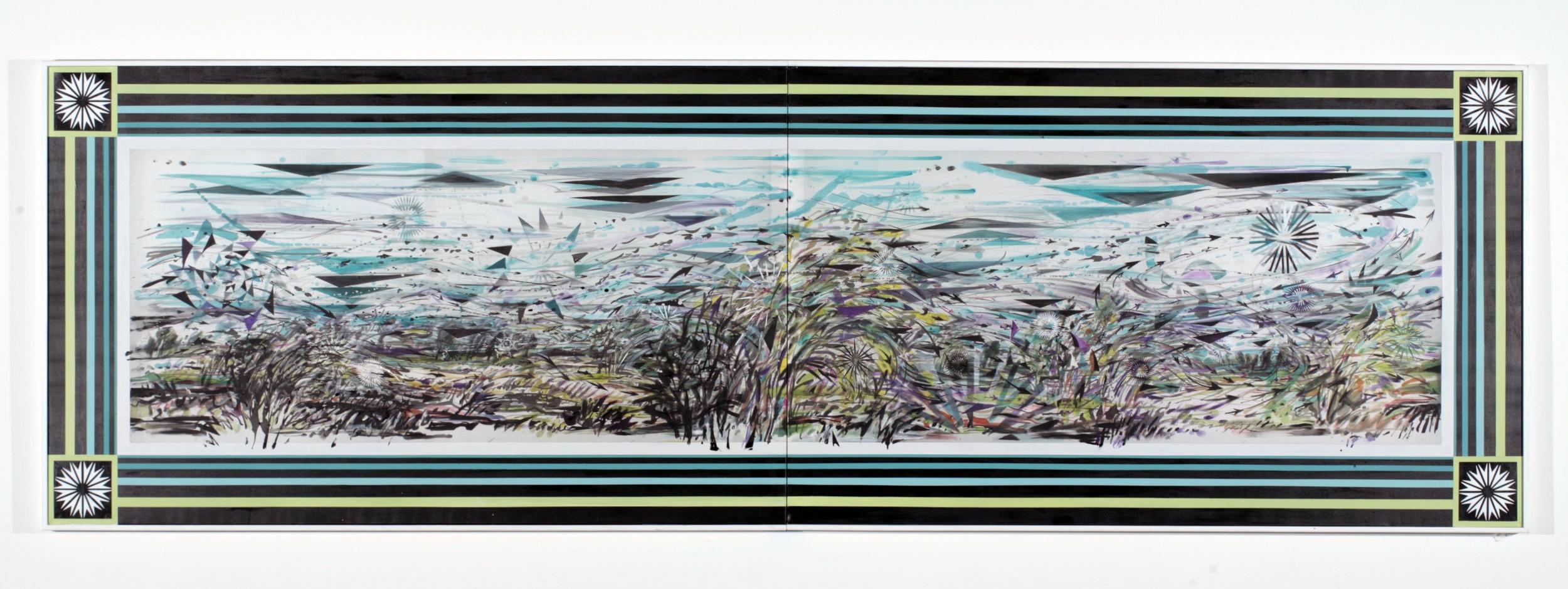 Currents , 2005 Ink, silk dye and acrylic on silk 40" x 127 1/4" two panels 
