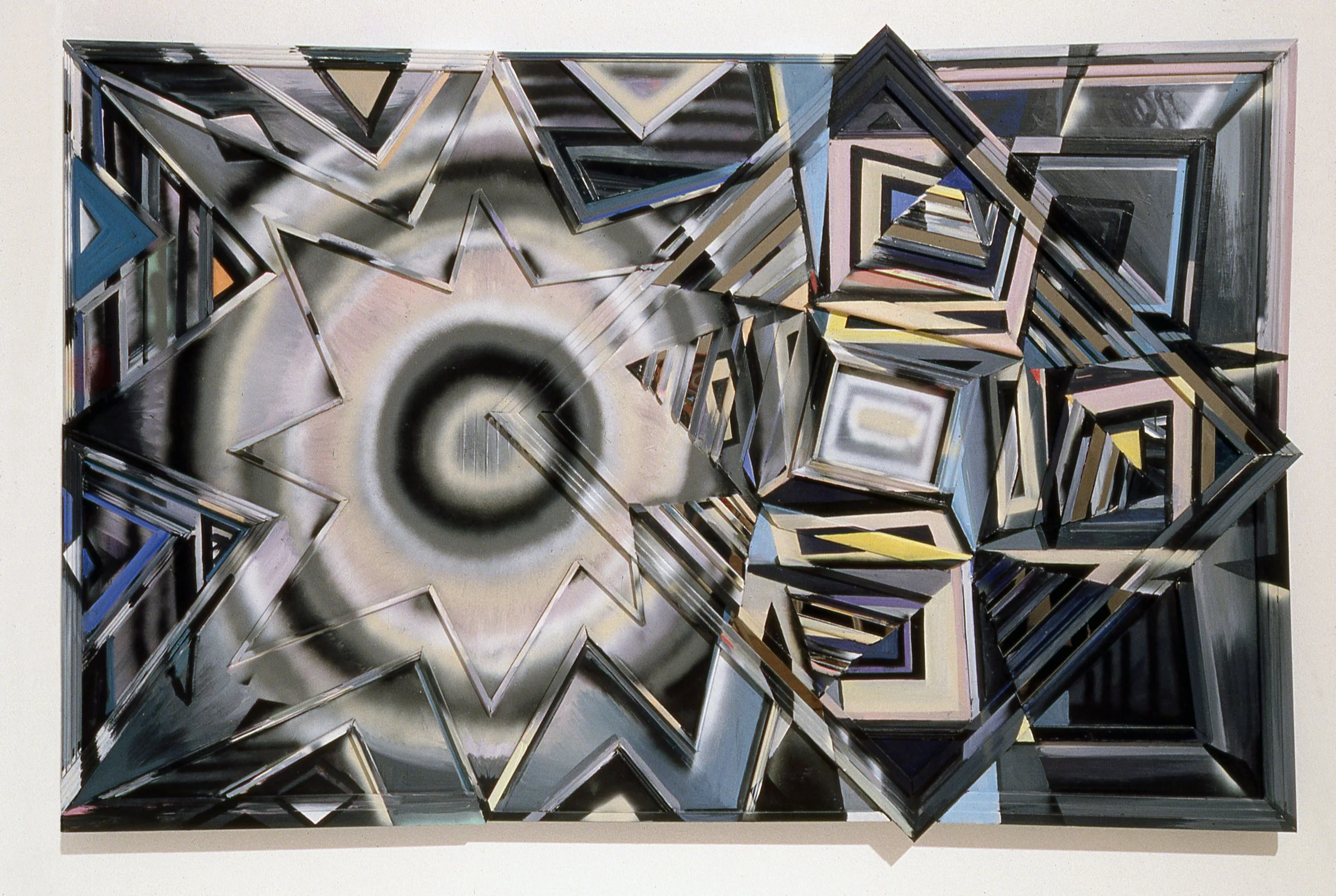 Heavenly Shades of Night Are Falling, 1989 Acrylic, plexiglass, mirror on wood bas relief panel 64 1/4" x 98"