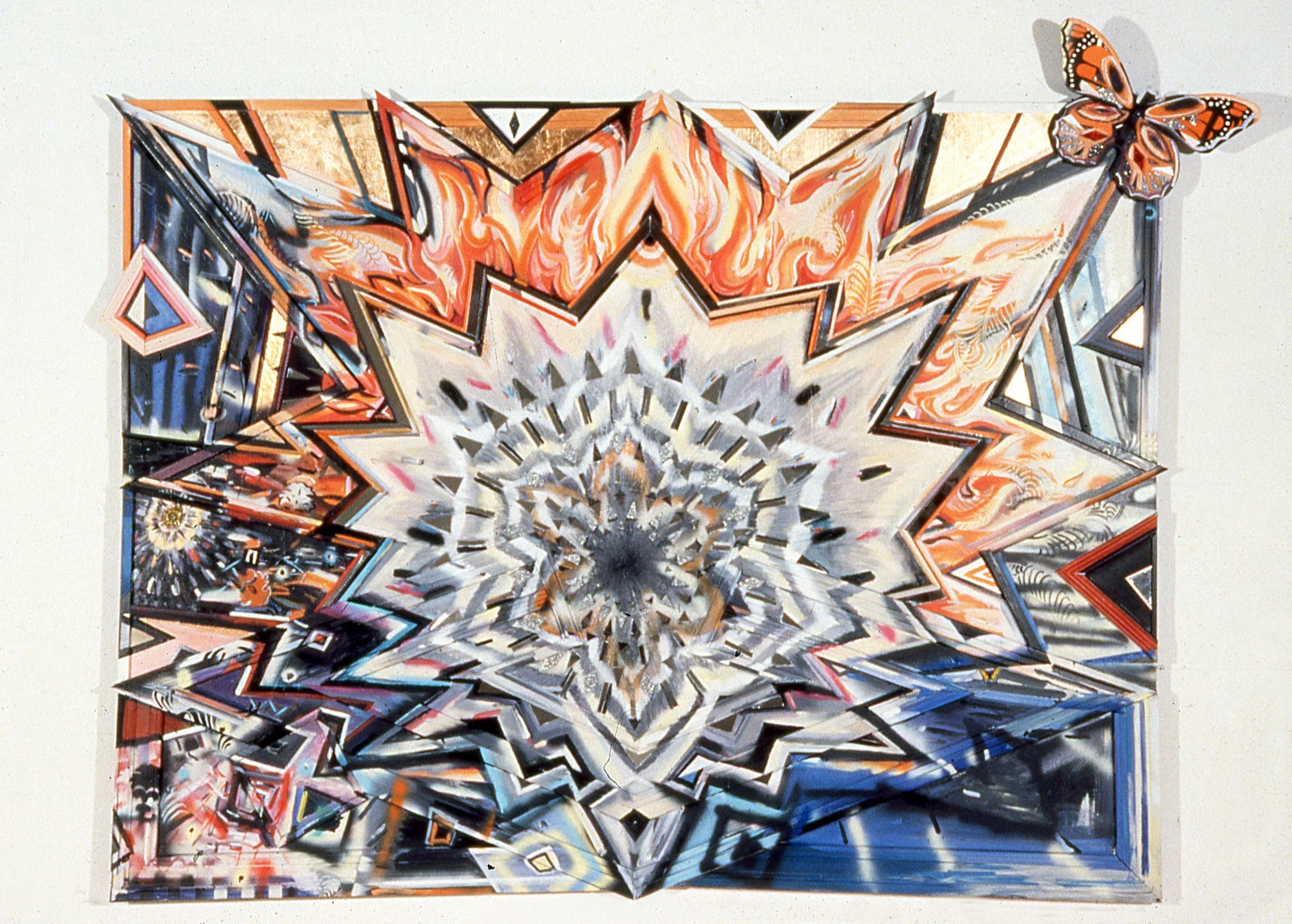 Butterflies are Free to Burn, 1989 Acrylic, plexiglass, mirror on wood bas relief panel 79" x 109" x 6 1/4"