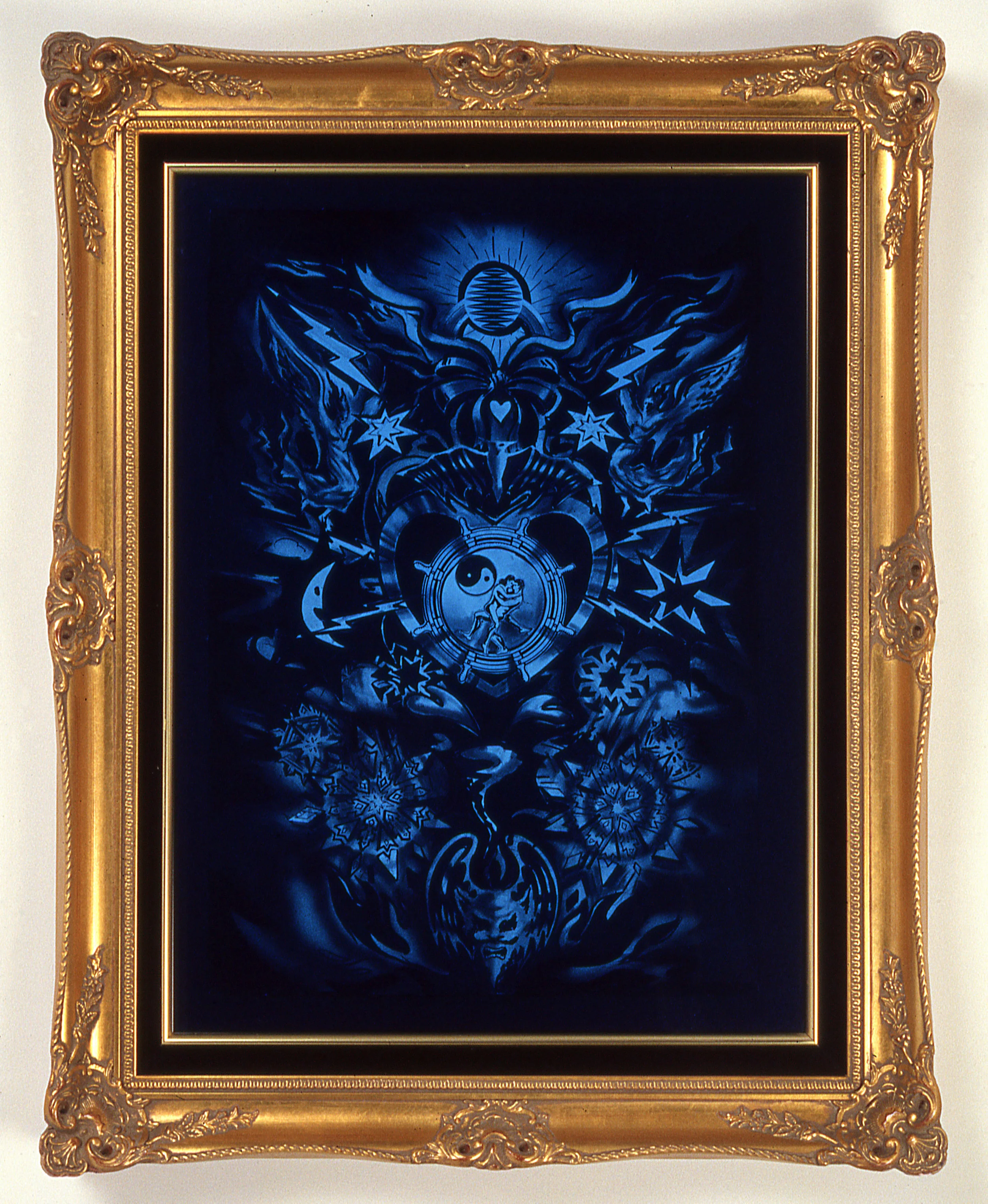Adrift in the Sea of Love, 1991 India ink, marker, charcoal, pencil, collage and blue plexiglass 30 1/2" x 24 1/2" 