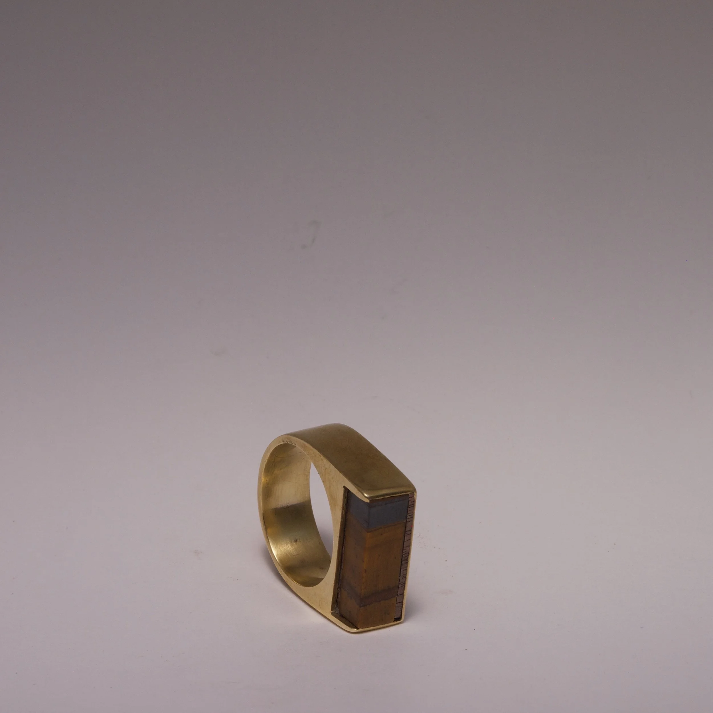 BRASS RING WITH WALNUT AND TIGER'S EYE  SIZE 13