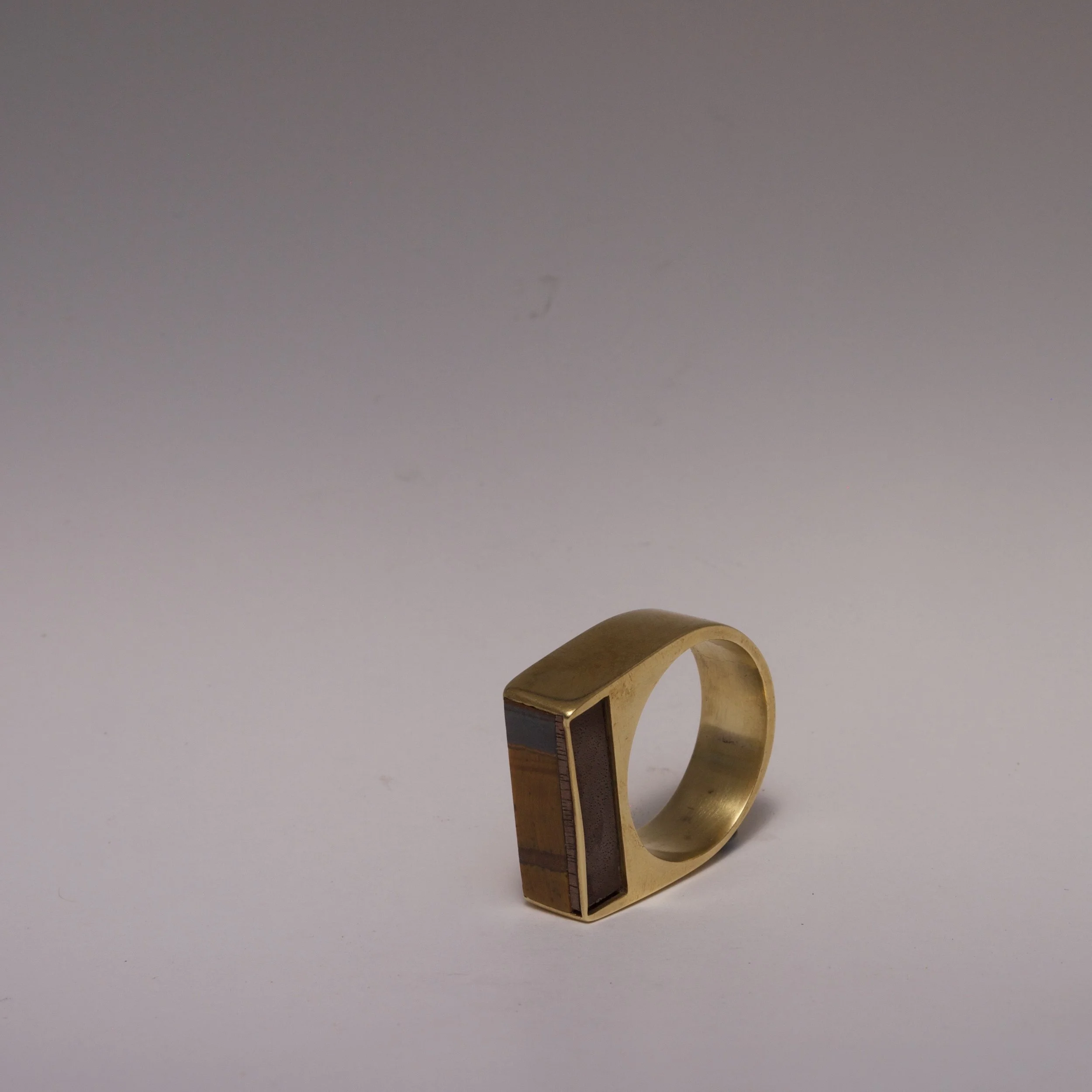 BRASS RING WITH WALNUT AND TIGER'S EYE  SIZE 13