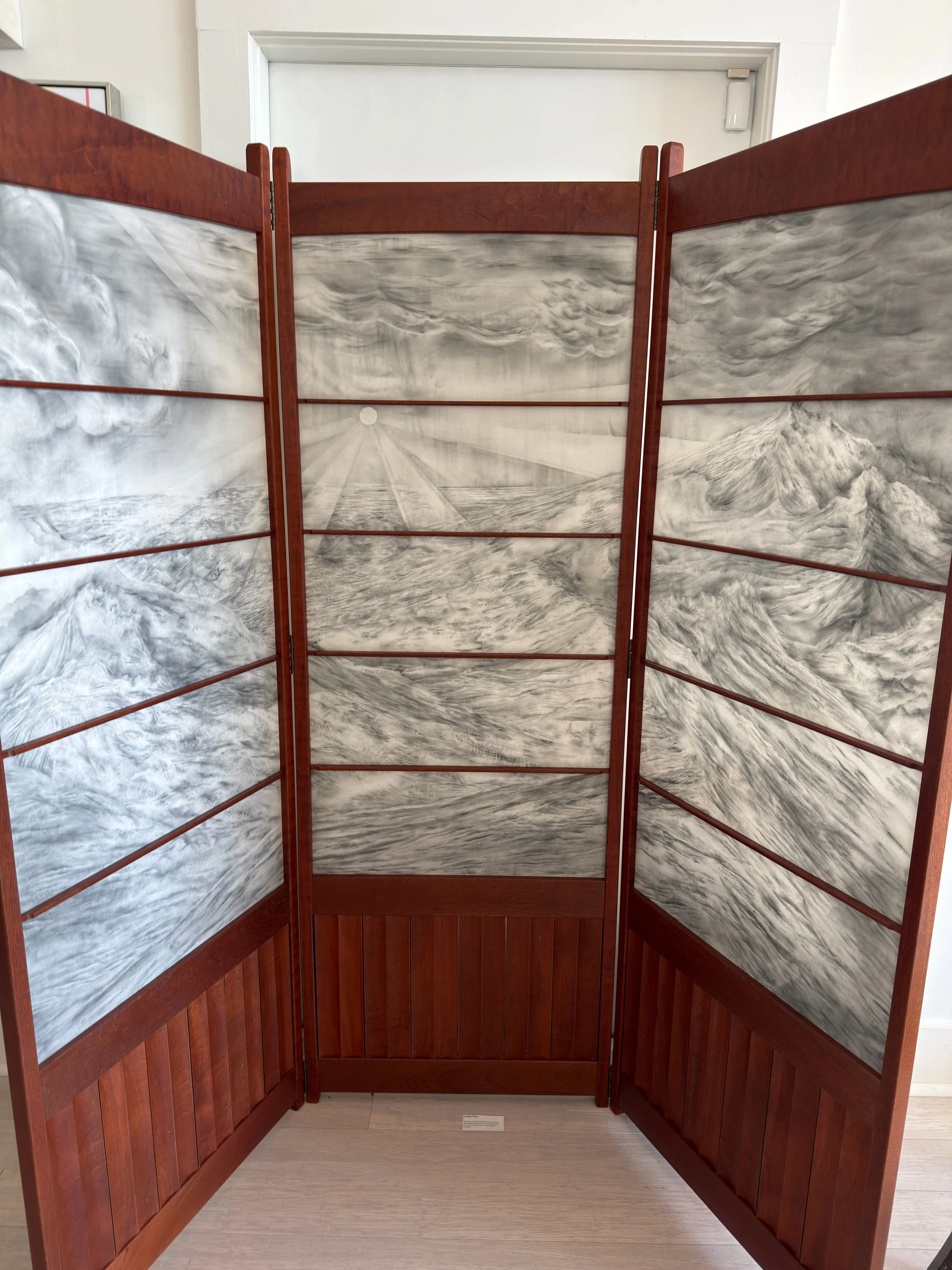 Collaboration with Joseph Tracy Woodworks: Mahogany and Silk Screen, 72”h x 25”w each panel, 58”w opened, $18,000