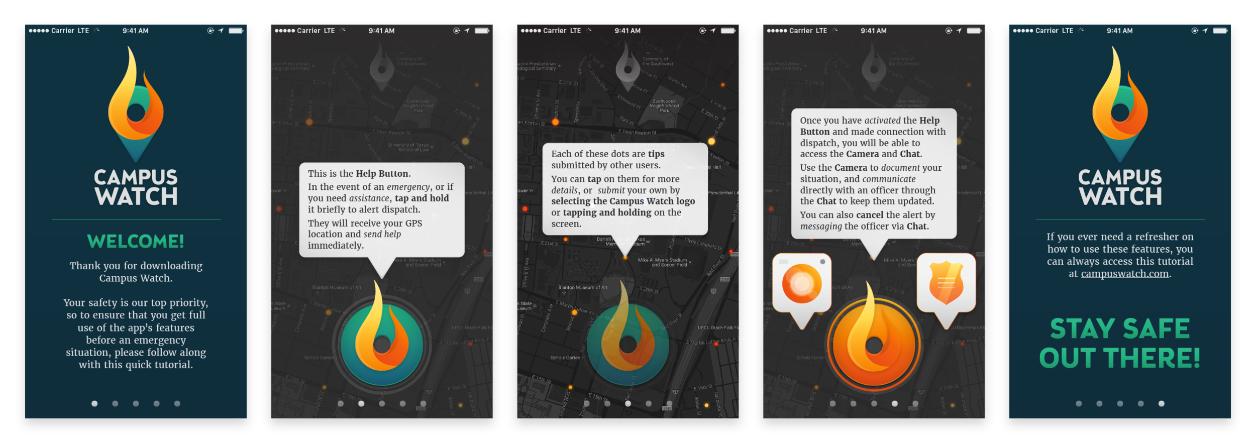 Since the app is intended for use in high-stress and dangerous situations, we felt it was very important for users to be able to see how it works before ever having to use it. Even more, we wanted to avoid users accidentally contacting dispatch in non-emergency situations or while exploring the app.