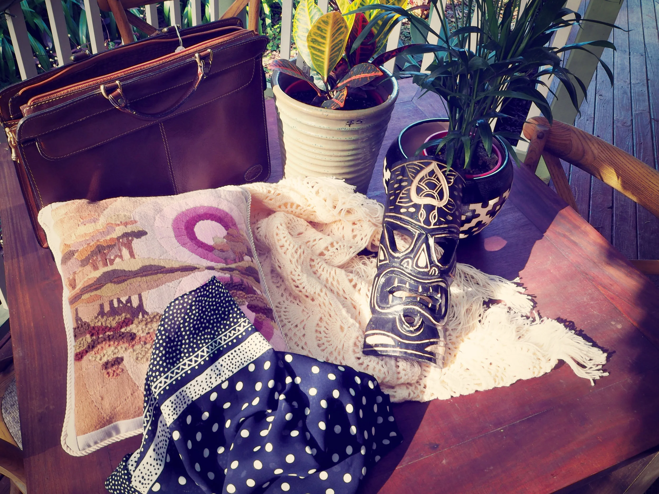 Thrifted tiki Mask, Crochet, Textiles