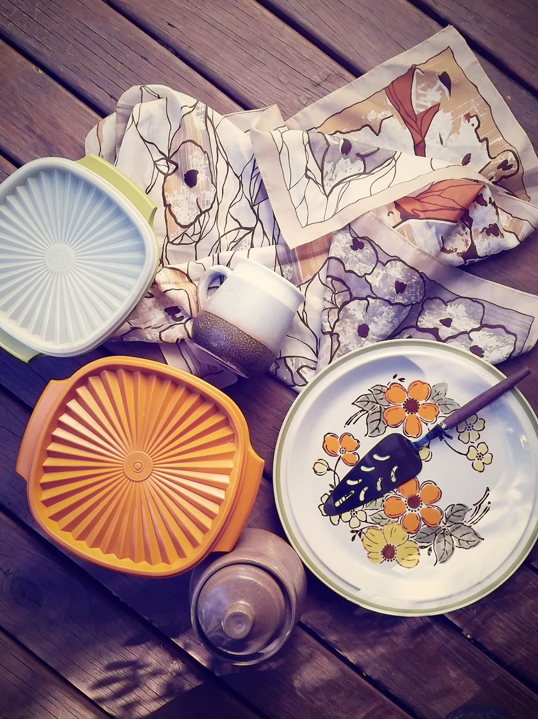 Seventies colour palette- vintage stoneware, pottery, textiles, tupperware.