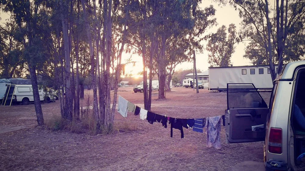 Impromptu laundry line while camping out the back of Duaringa Pub.
