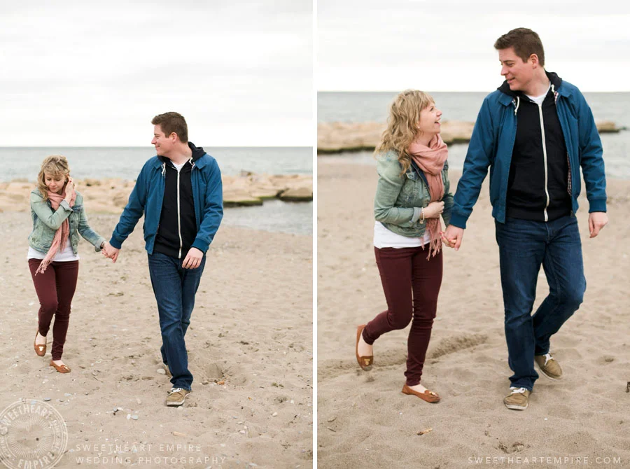 Vanessa & Mark strolling back to the boardwalk at the end of their Toronto Beach engagement session. 