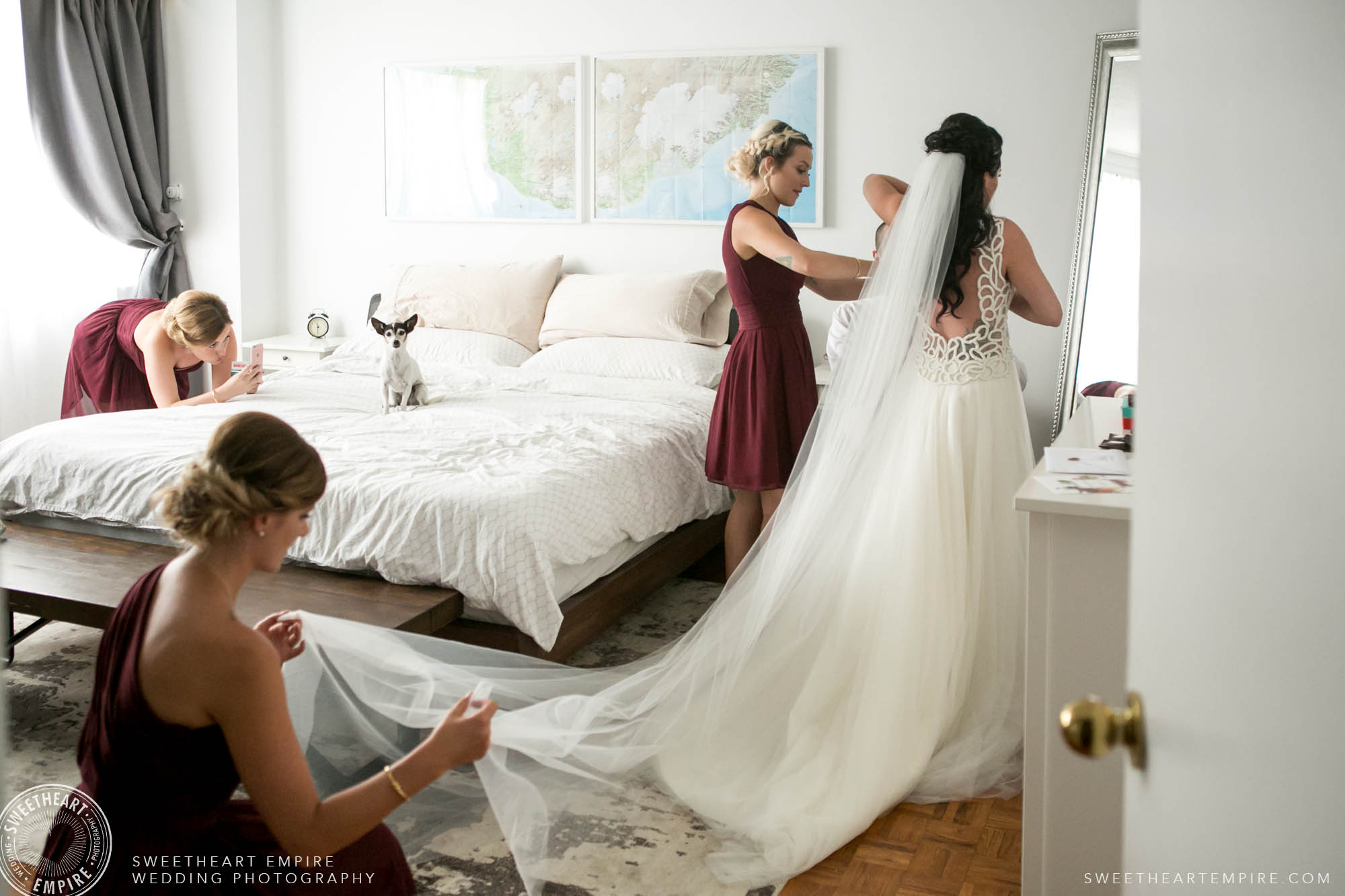 Bride and bridesmaids getting ready. 