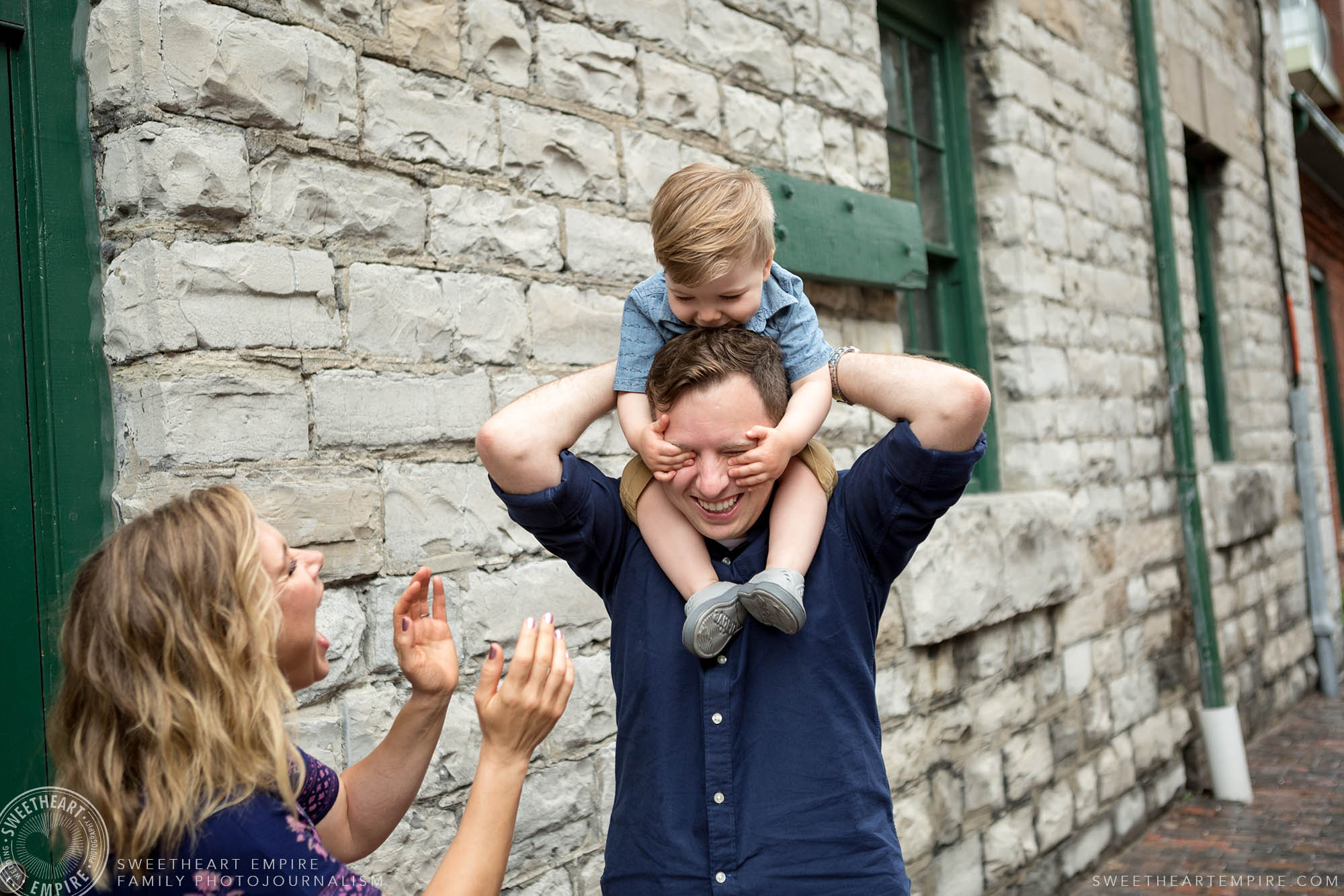 Dad carrying son on his shoulders, Distillery District Family Photography