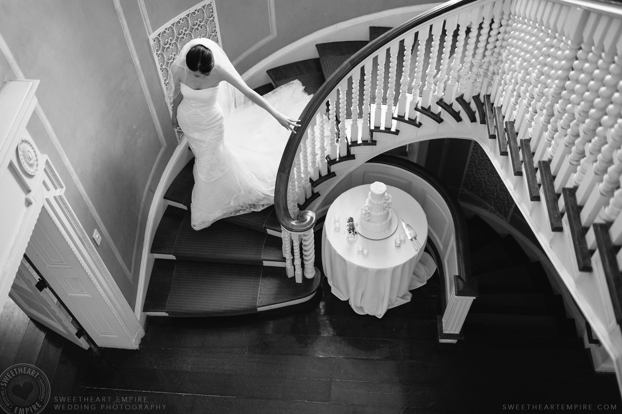 Bride walking down the stairs, McLean House Wedding, Estates of Sunnybrook