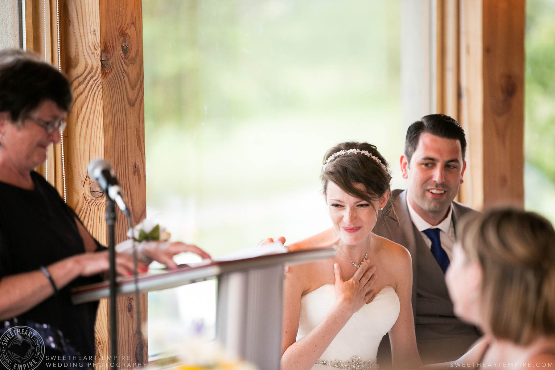 Bride getting emotional while listening to speech, Rockway Vineyard Wedding, Niagara