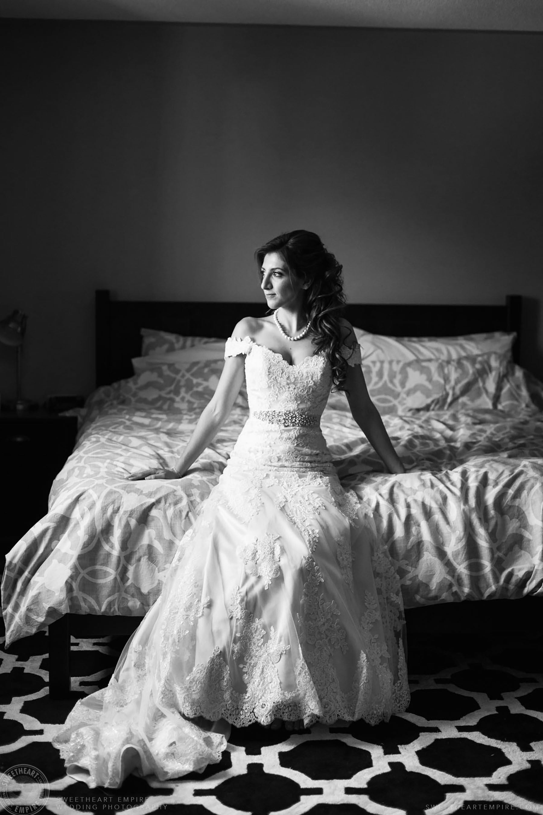 Black and white portrait of bride; Eagles Nest Golf Club Wedding Photos