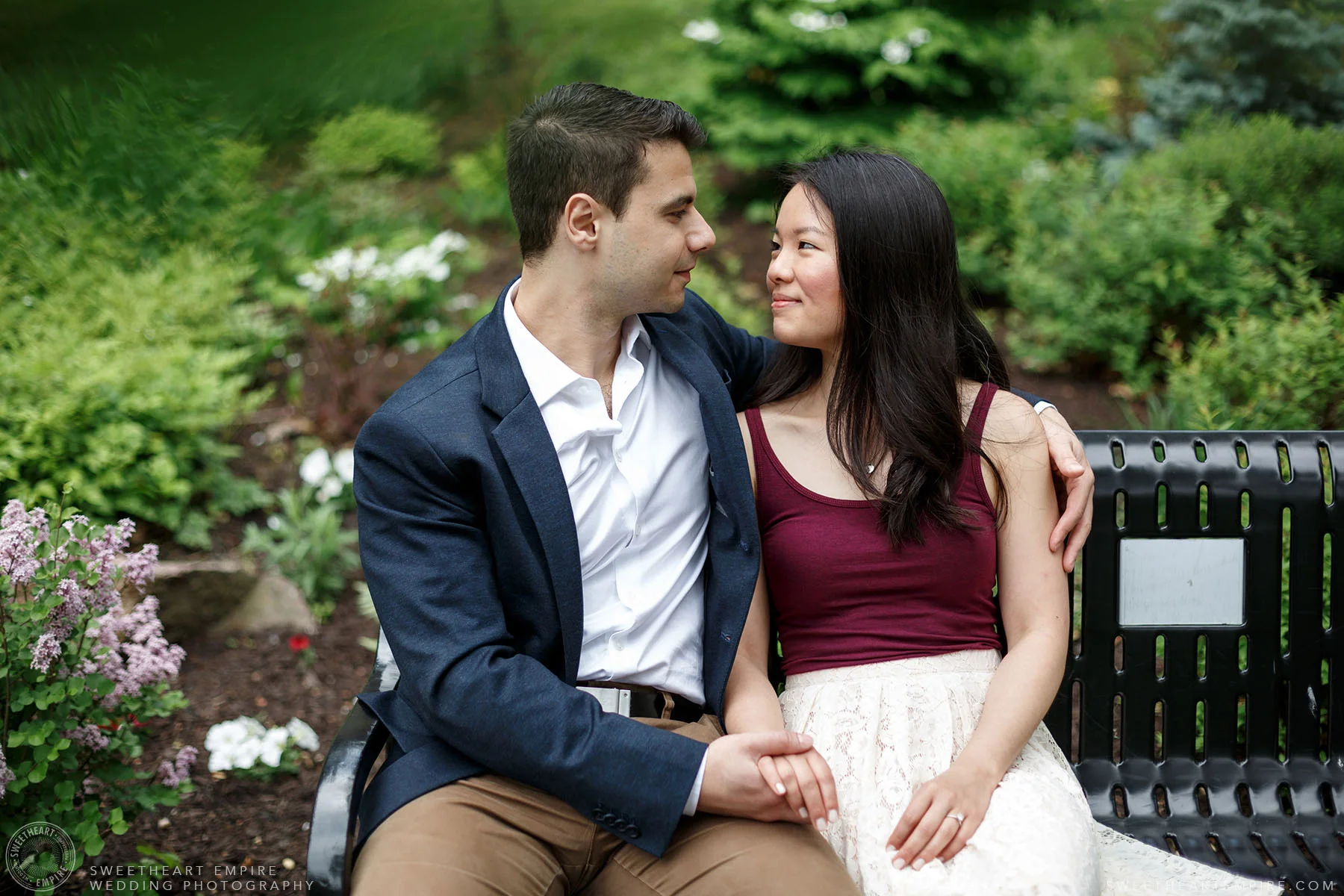 Couple shares a loving look, McMaster University Engagement Session