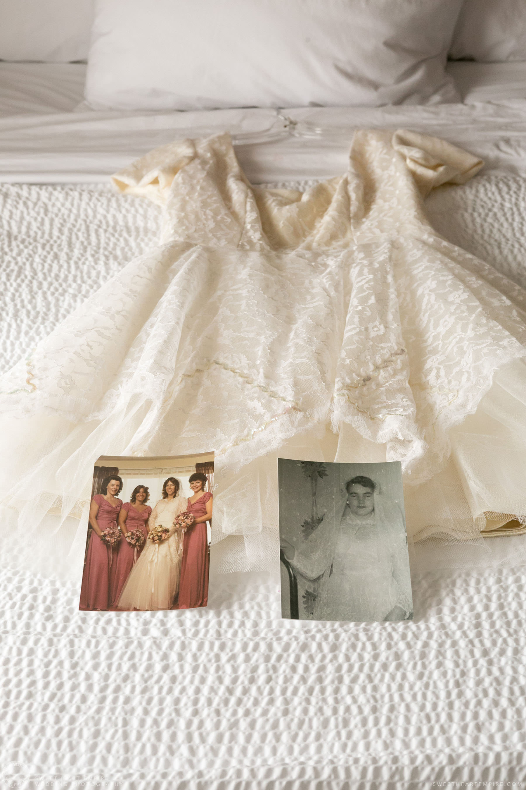 Bride's dress and old family photos; Aberfoyle Mill Wedding