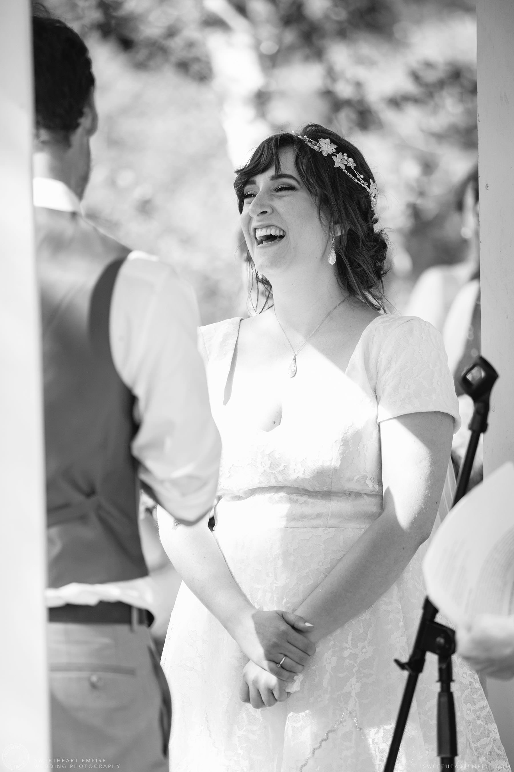 Bride laughing during the vows; Aberfoyle Mill Wedding