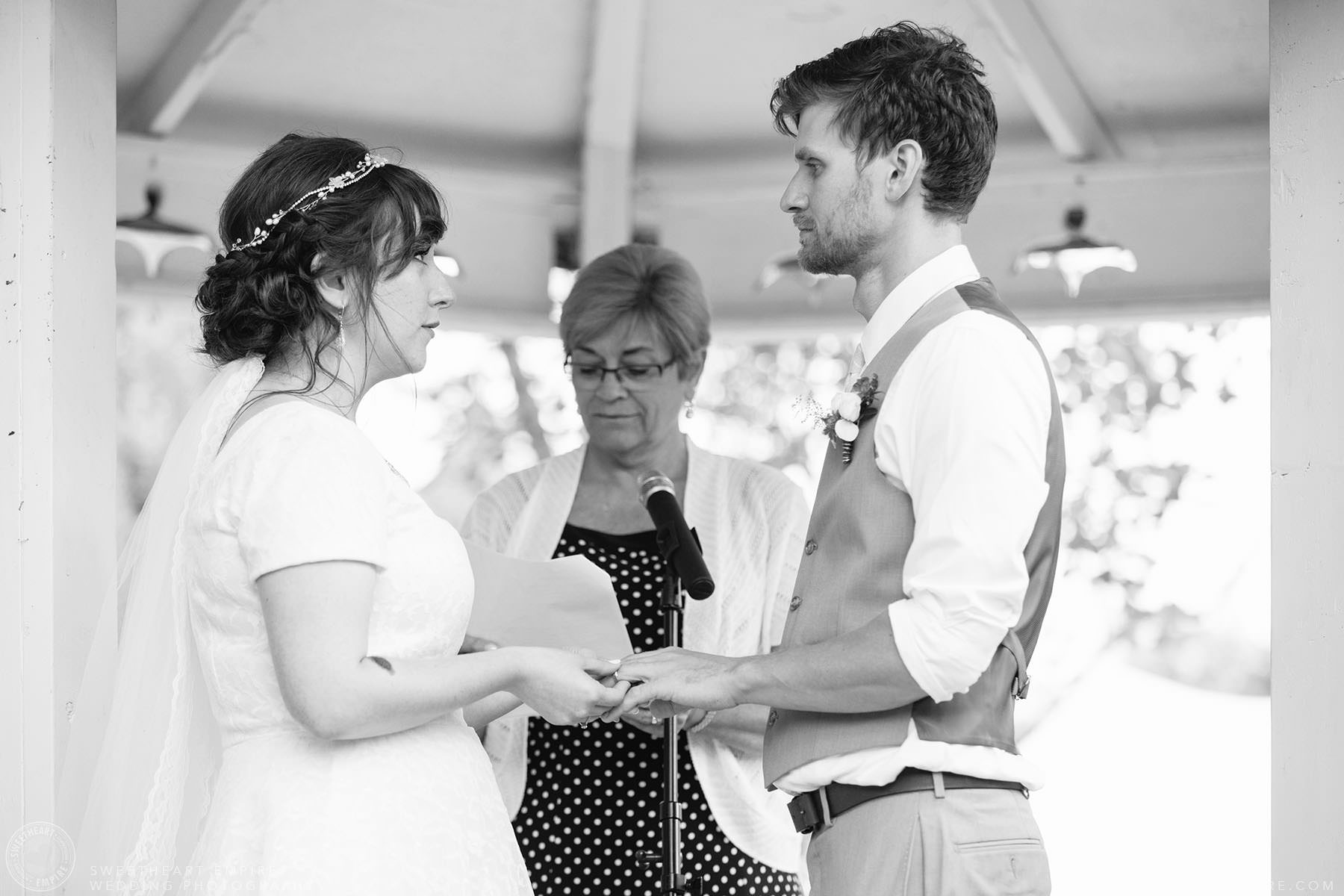 Bride and groom exchange vows; Aberfoyle Mill Wedding