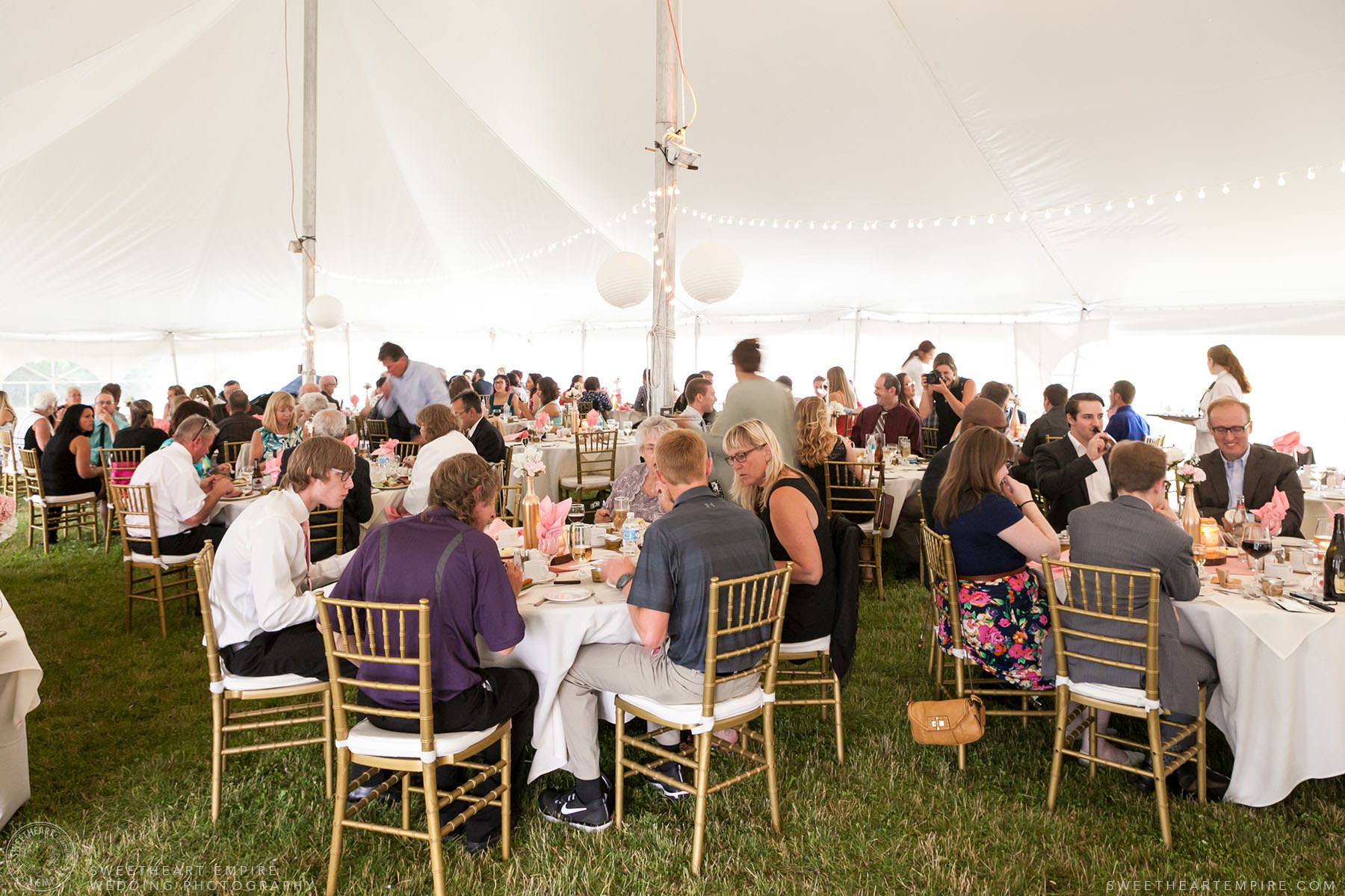 Guests eating dinner during wedding reception; Aberfoyle Mill Wedding