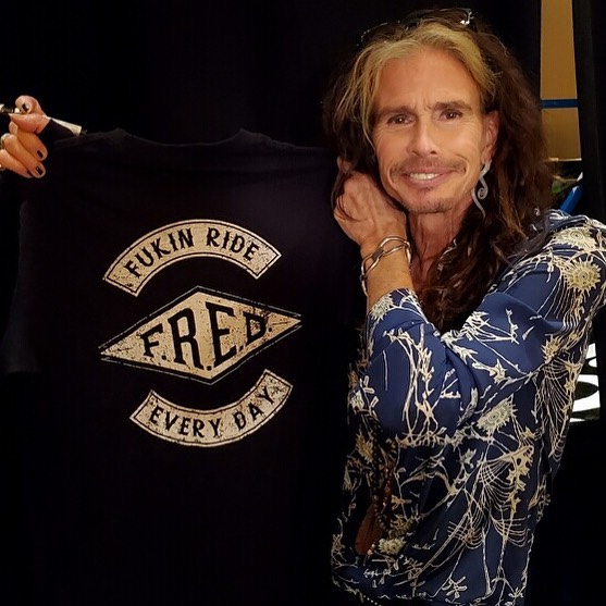 I would like to give Steven Tyler a big thank you for representing our clothing line Fred Nation . Rock on 🤘🏻 #aerosmith #iamstevent #music #rock #singer #rockstar #fredusa #frednation #fukinrideeveryday #motorcycle #harleydavidson #clothingbrand #