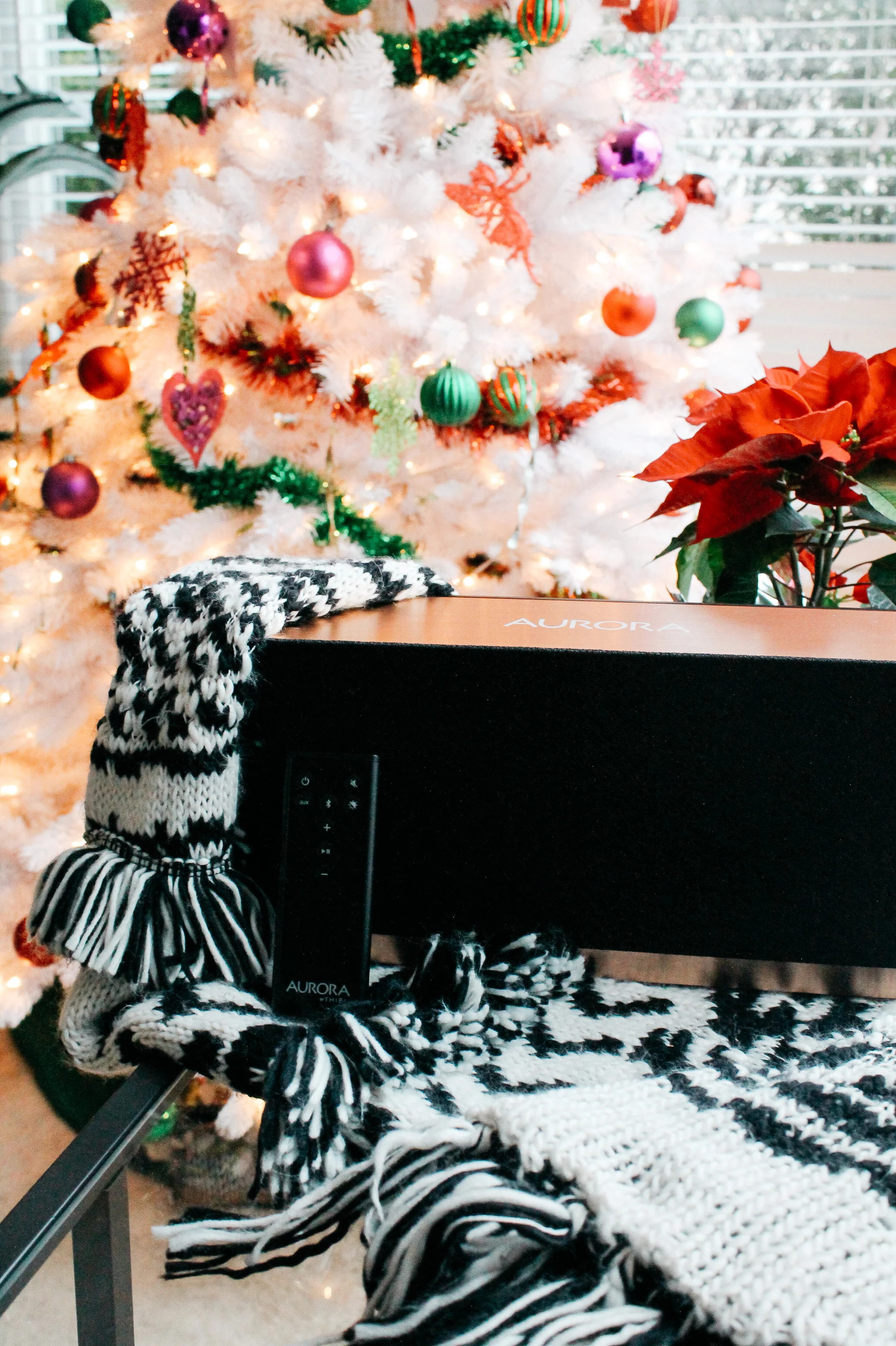 Aurora Home by Thiel Audio next to Christmas Tree // Always Creating Studio