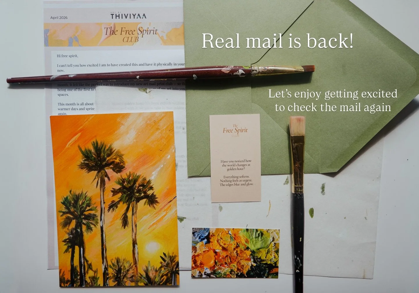 Swipe to see what&rsquo;s arriving in mailboxes this April 📬🌿
Real mail. Original art. A little something extra. Every month.
The Free Spirit Club founding spots are still open. Shop in my bio! Artbythiviyaa.com

#mailclub #originalart #torontoarti