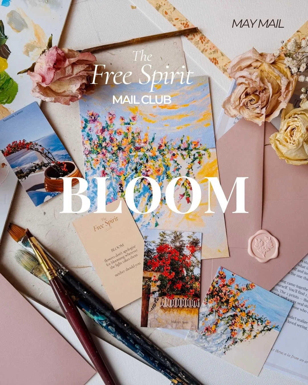Packing this weekend to ship them to you! Here is May&rsquo;s mail for the Free Spirit Mail Club!

a few years ago I was backpacking through Santorini and Mallorca and kept stopping to photograph flowers growing over white walls. unbothered. unapolog