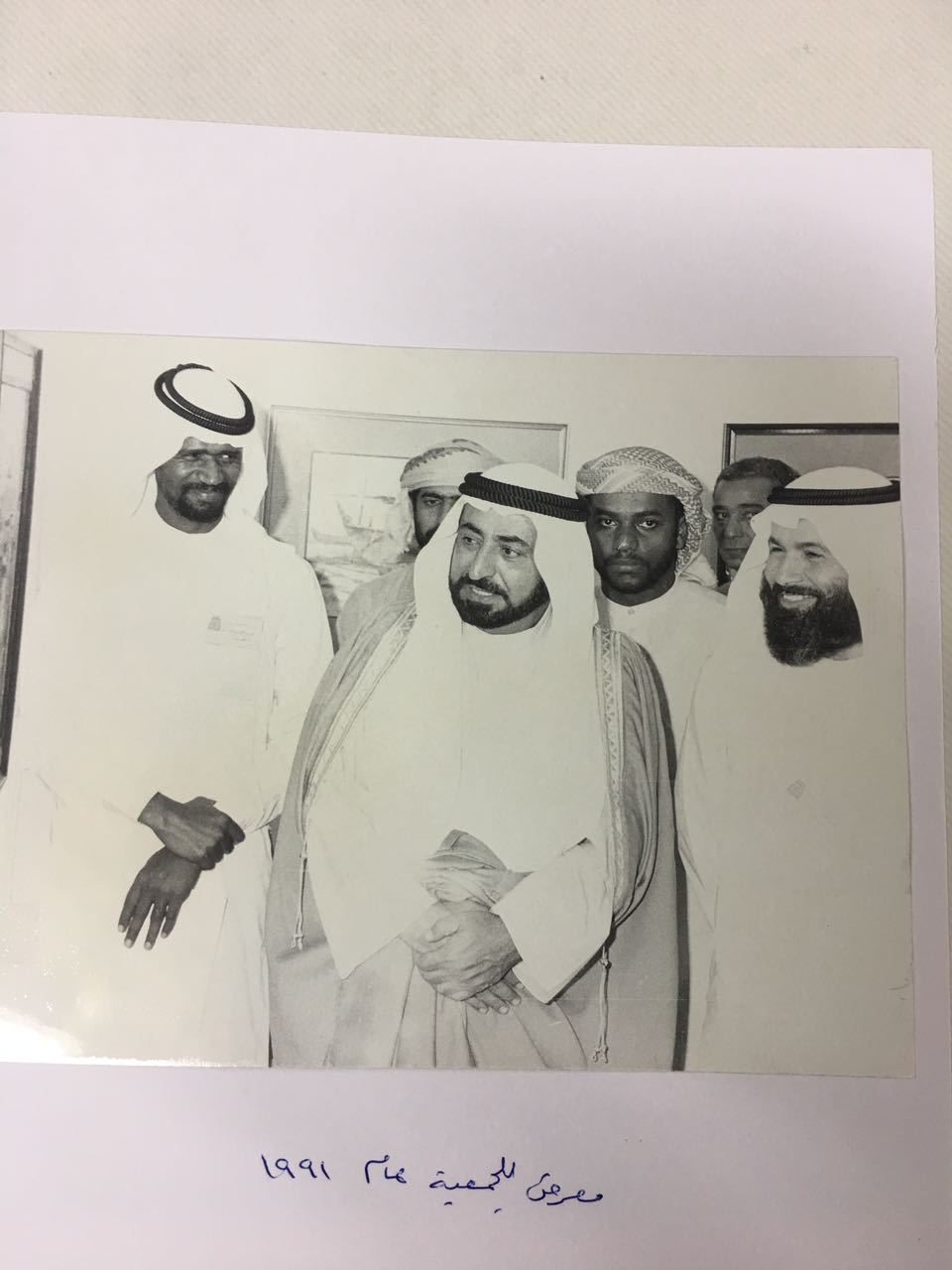 1991 Emirates Fine Art Exhibition opening. HH Dr. Sultan bin Muhammad Al-Qasimi, Ruler of Sharjah center; Abdul Raheem to his right, and artist Abdul Qader Al Rais to his left.