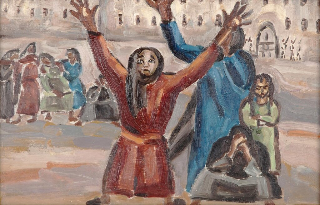 Inji Efflatoun, 'The Prisoners,' 1957  Oil on canvas, 42 x 29 cm. Courtesy of the Barjeel Art Foundation, Sharjah