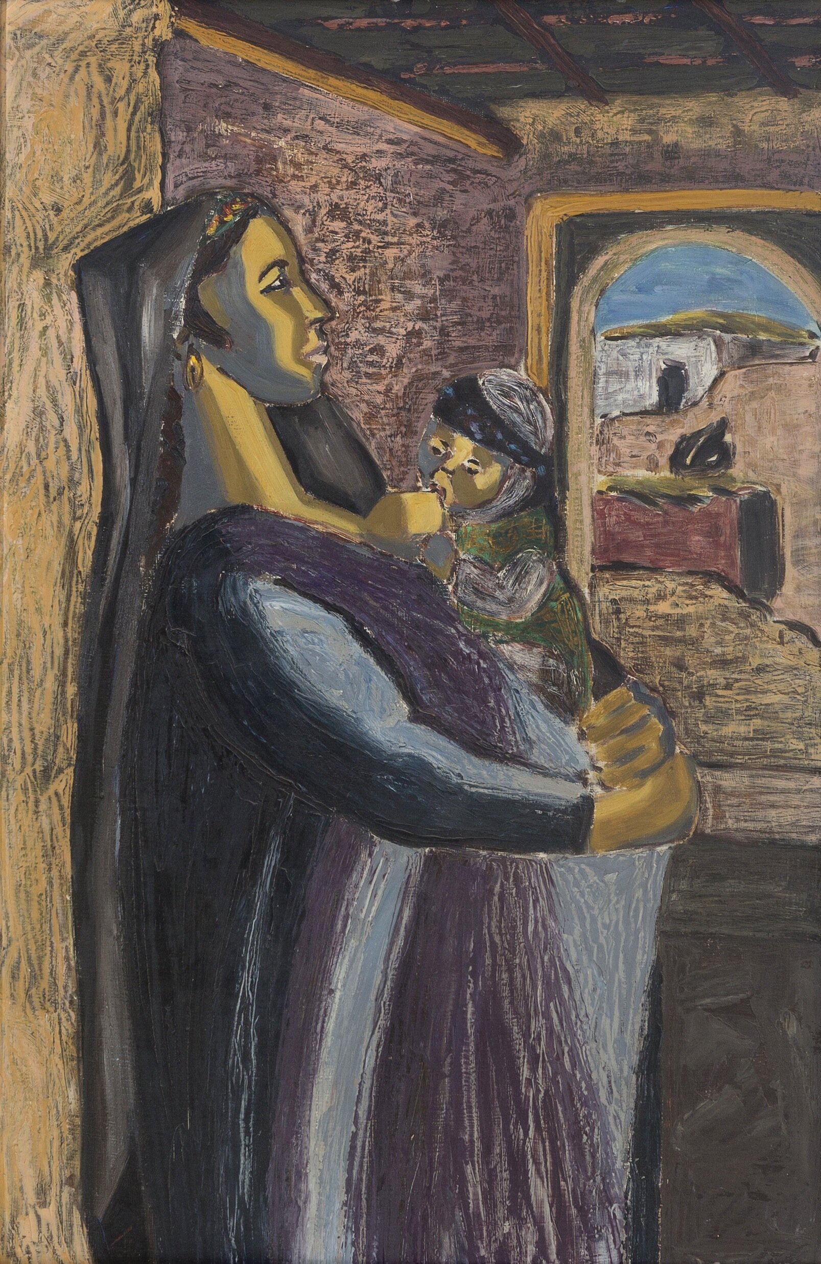 Inji Efflatoun, 'Motherhood,' c. 1950s  oil on wood, 75 x 47 cm. Image courtesy of Barjeel Art Foundation, Sharjah