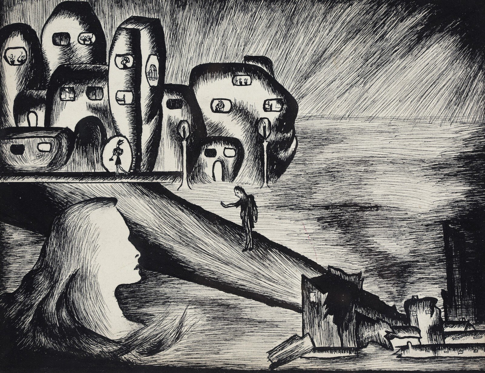 Inji Efflatoun, 'Contemplation,' c. 1940s Ink on paper, 18.5 x 24.2 cm. Image courtesy of the Barjeel Art Foundation, Sharjah