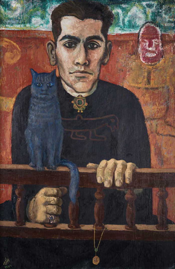 Abdel Hadi El-Gazzar, Man and Cat, 1956, Oil on plywood, 90 x 127 cm. Courtesy of Museum of Modern Egyptian Art in Cairo.
