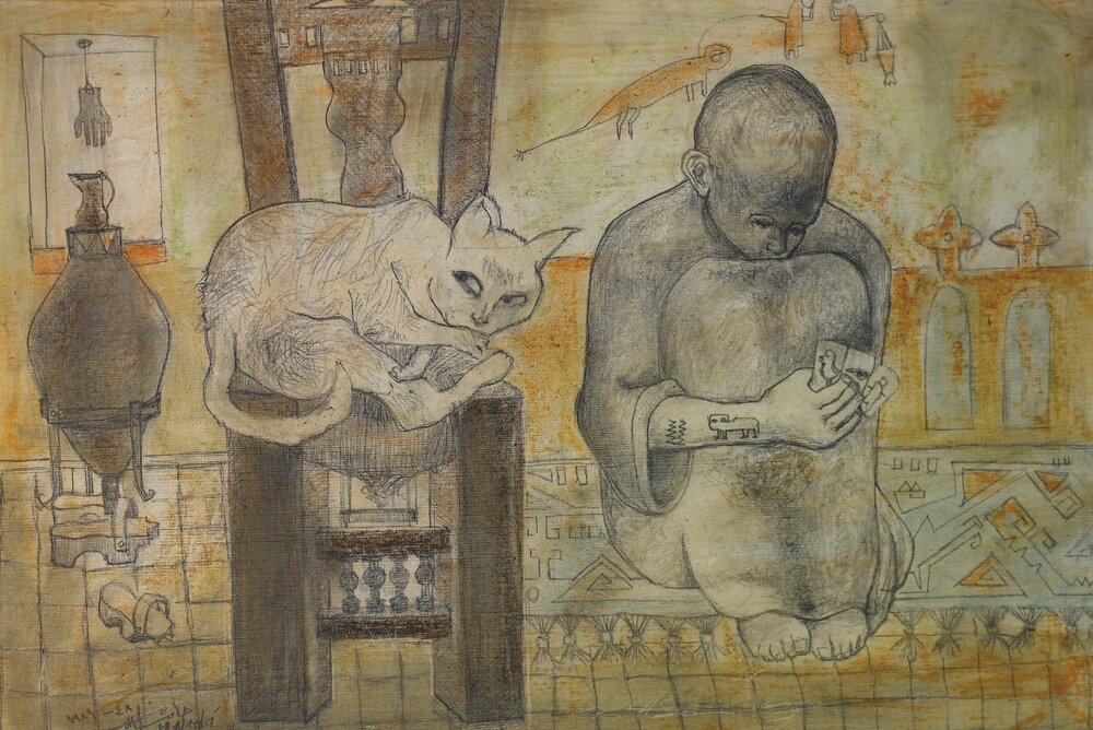 Hamed Nada, ‘Fortune Teller and the Cat (1989). Image courtesy of the Barjeel Art Foundation, Sharjah.
