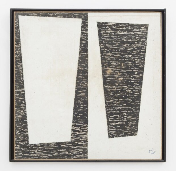 Hassan Sharif, ‘Black and White,’ (1985) oil on canvas, 90x90 cm. Image courtesy of Barjeel Art Foundation, Sharjah.