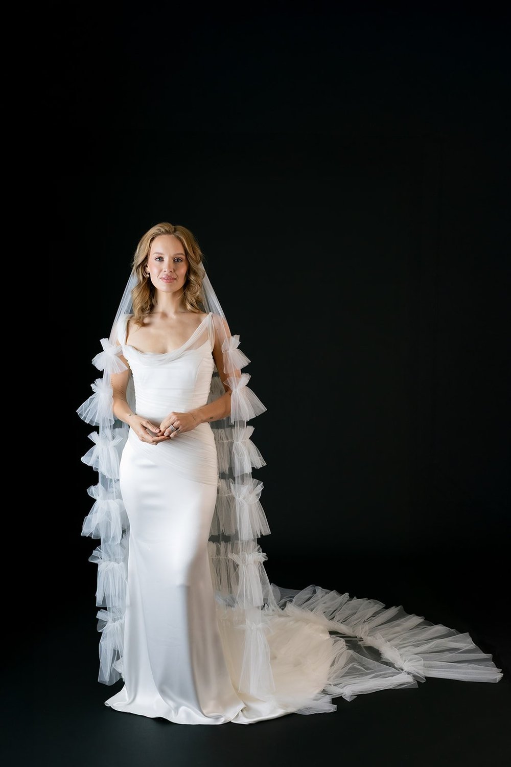 Ivory Bridal Veil with Ruffle Tiers Ruffled Wedding Veil With Blusher: Two-tier Bohemian Tulle  main image 3