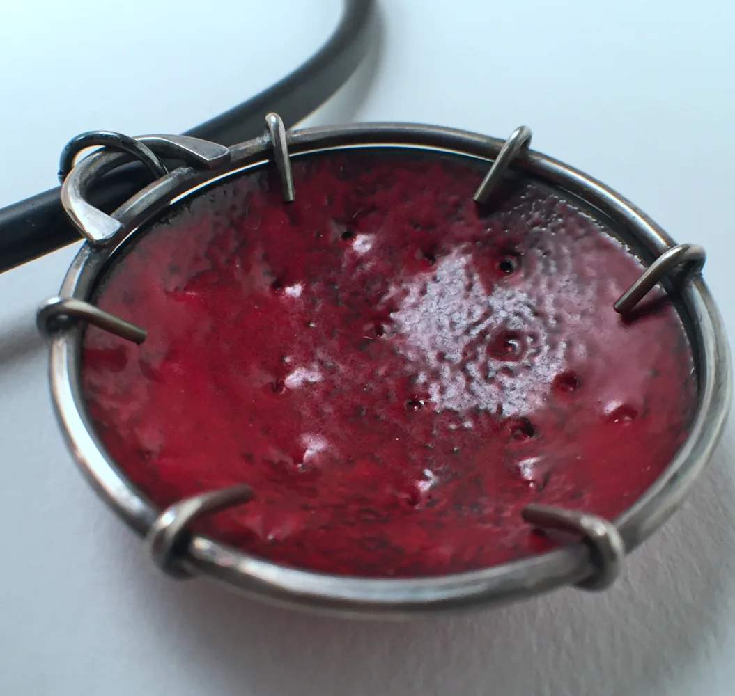 Enamel Sunflower PendaTorch Fired Enamel, Copper Enamel Jewelry, Enamel Necklace, Silver Cage Set Pendant, My Brown Wren, Tammi Sloan