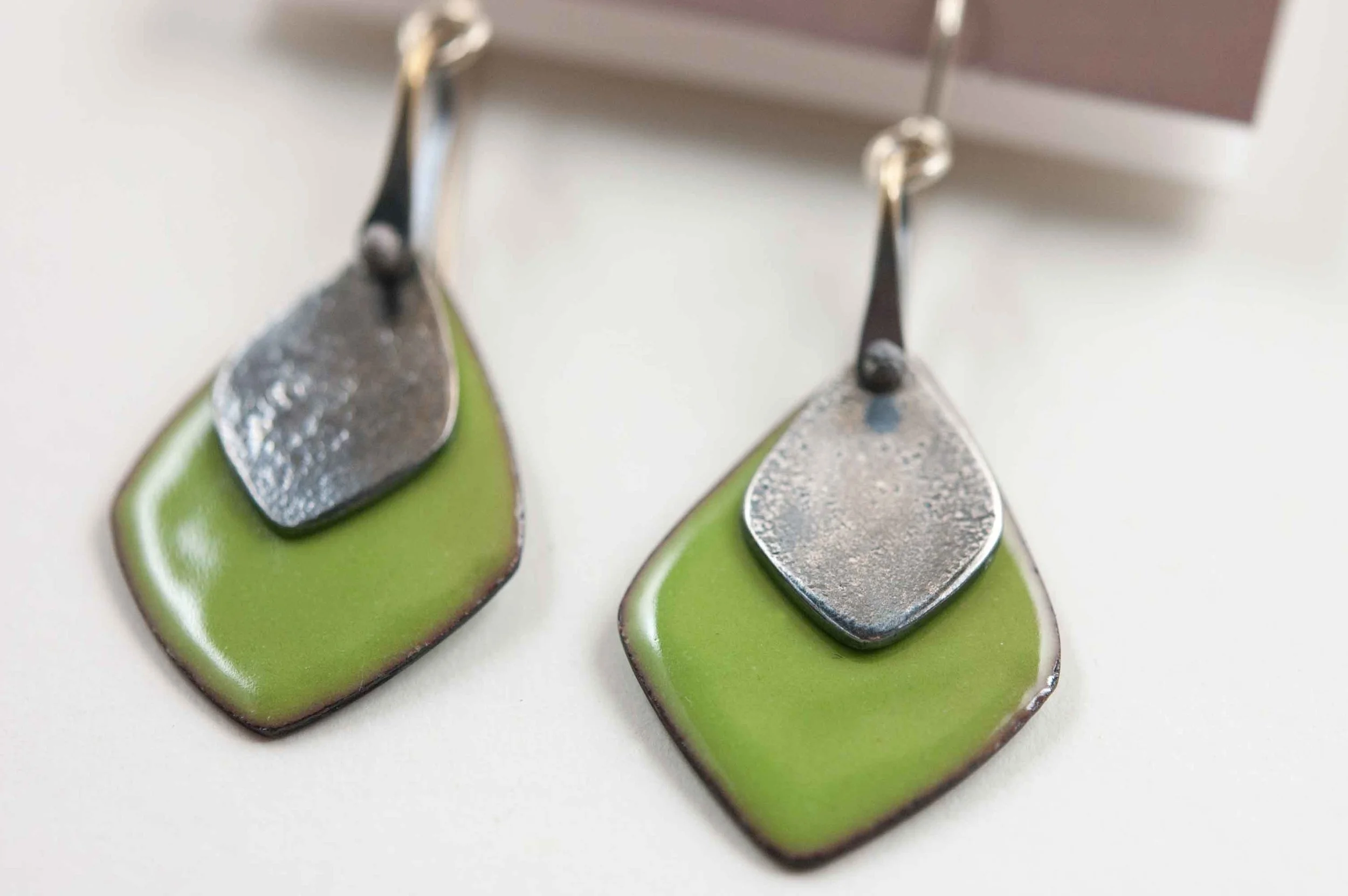 Enamel Jewelry, Mixed Metal and Enamel Jewelry, Enameled Copper Earrings, My Brown Wren, Tammi Sloan, PMC, Metal Clay