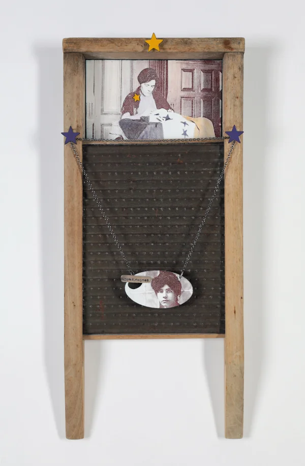Celebrating Women’s Suffrage - Vintage washboard with enameled panel and enameled pendant of Alice Paul (photographic images courtesy of The Library of Congress).
