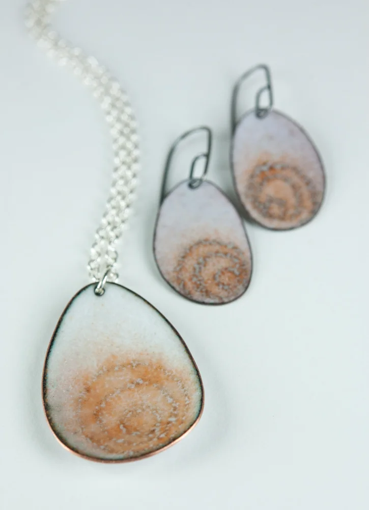 Contemporary Enamel and Silver Spiral Necklace and Earrings in Orange by My Brown Wren